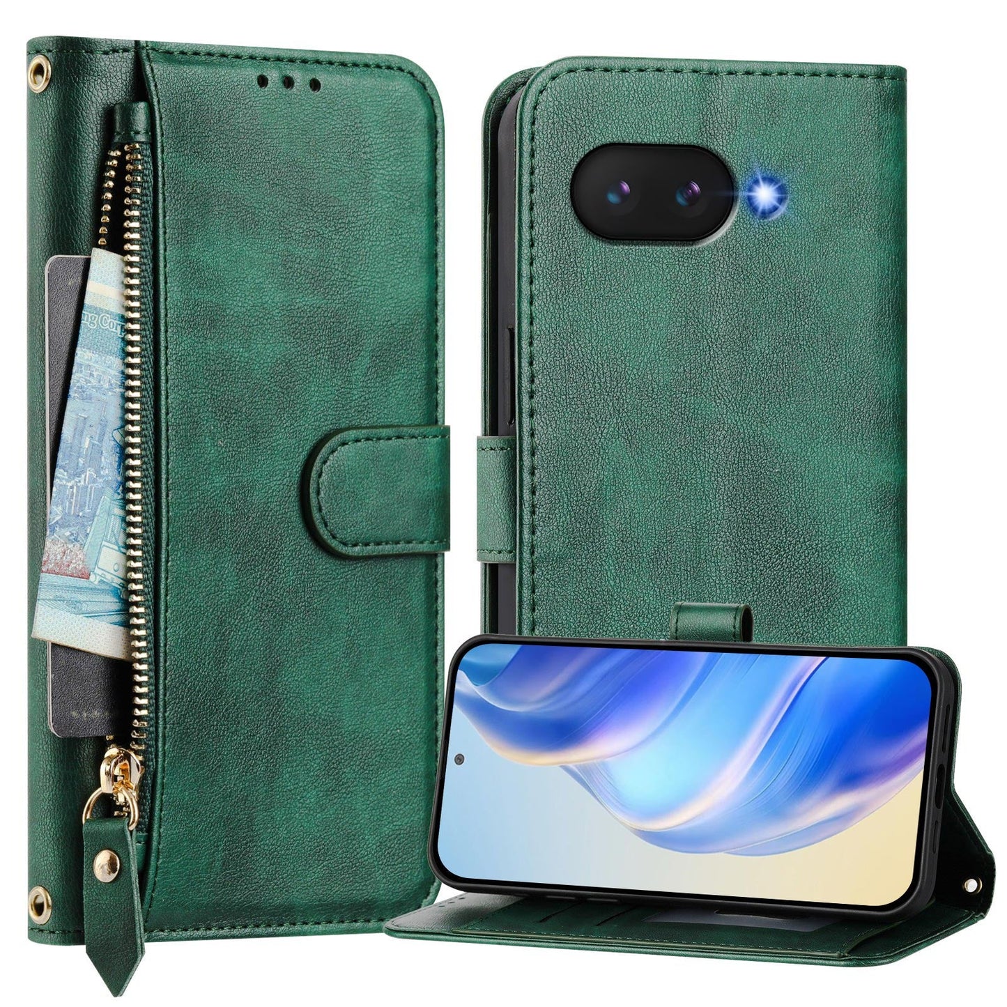 For Google Pixel 9a Case Zipper Pocket Multiple Card Slots Leather Phone Cover - Green