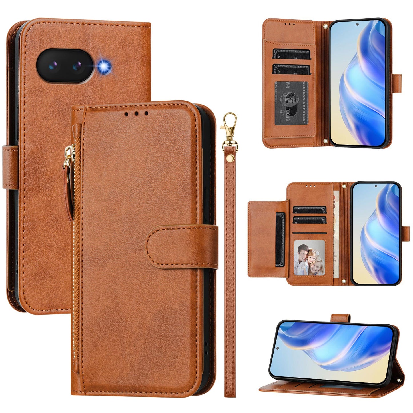 For Google Pixel 9a Case Zipper Pocket Multiple Card Slots Leather Phone Cover - Brown