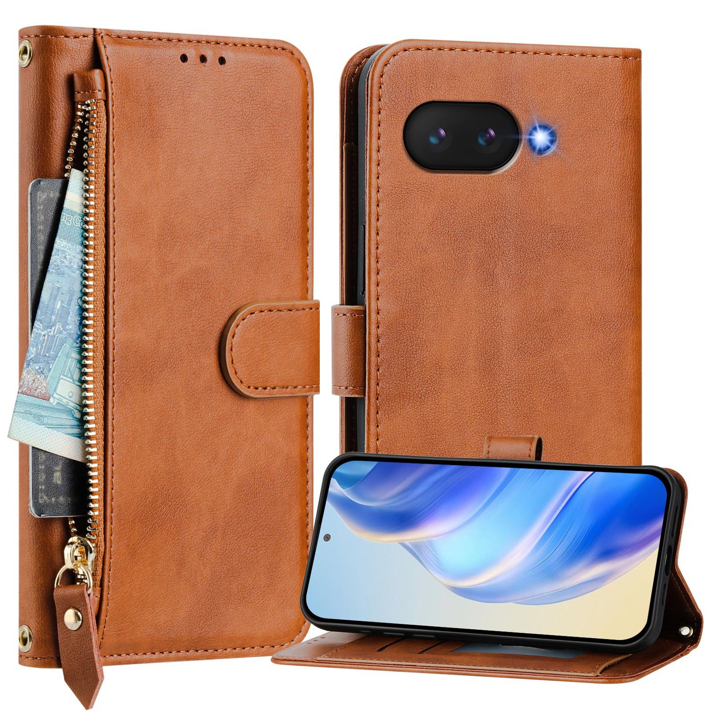 For Google Pixel 9a Case Zipper Pocket Multiple Card Slots Leather Phone Cover - Brown
