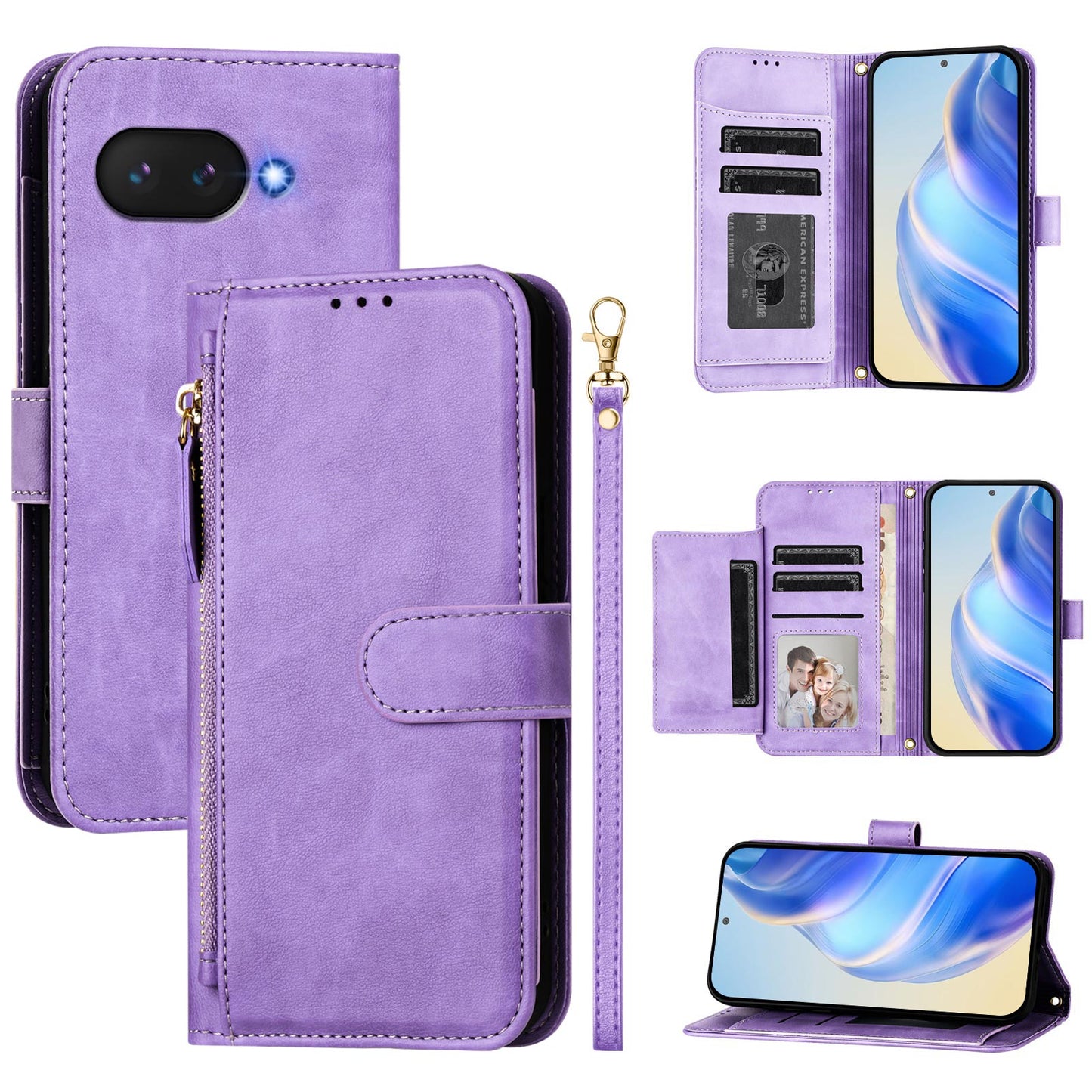 For Google Pixel 9a Case Zipper Pocket Multiple Card Slots Leather Phone Cover - Purple