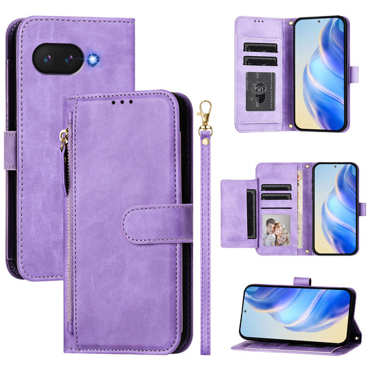 For Google Pixel 9a Case Zipper Pocket Multiple Card Slots Leather Phone Cover - Purple