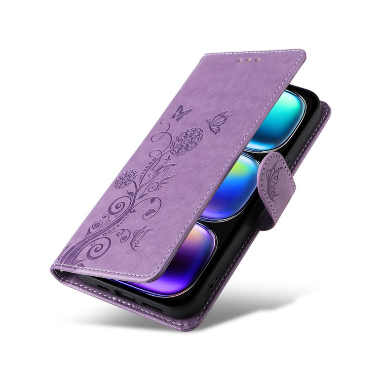 For Infinix Hot 50i 4G / Smart 9 4G Leather Case Butterfly Floral Imprint Wallet Stand Cover - Purple