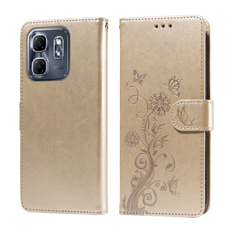 For Infinix Hot 50i 4G / Smart 9 4G Leather Case Butterfly Floral Imprint Wallet Stand Cover - Gold