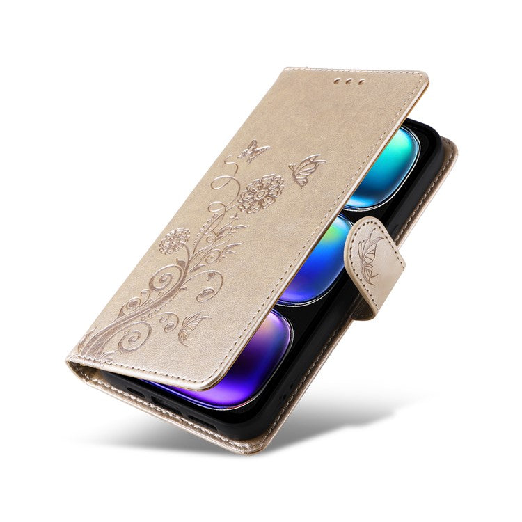 For Infinix Hot 50i 4G / Smart 9 4G Leather Case Butterfly Floral Imprint Wallet Stand Cover - Gold