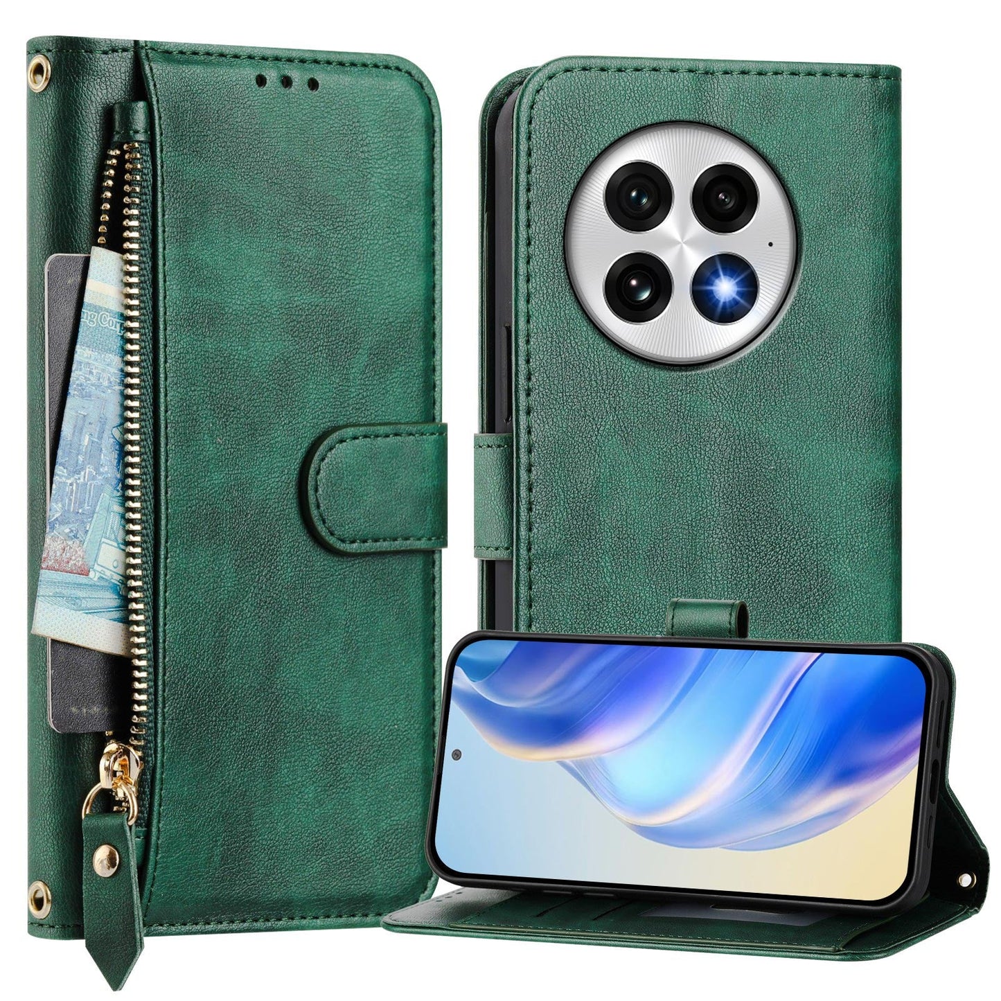 For OnePlus 13 Case Zipper Pocket Multiple Card Slots Leather Phone Cover - Green