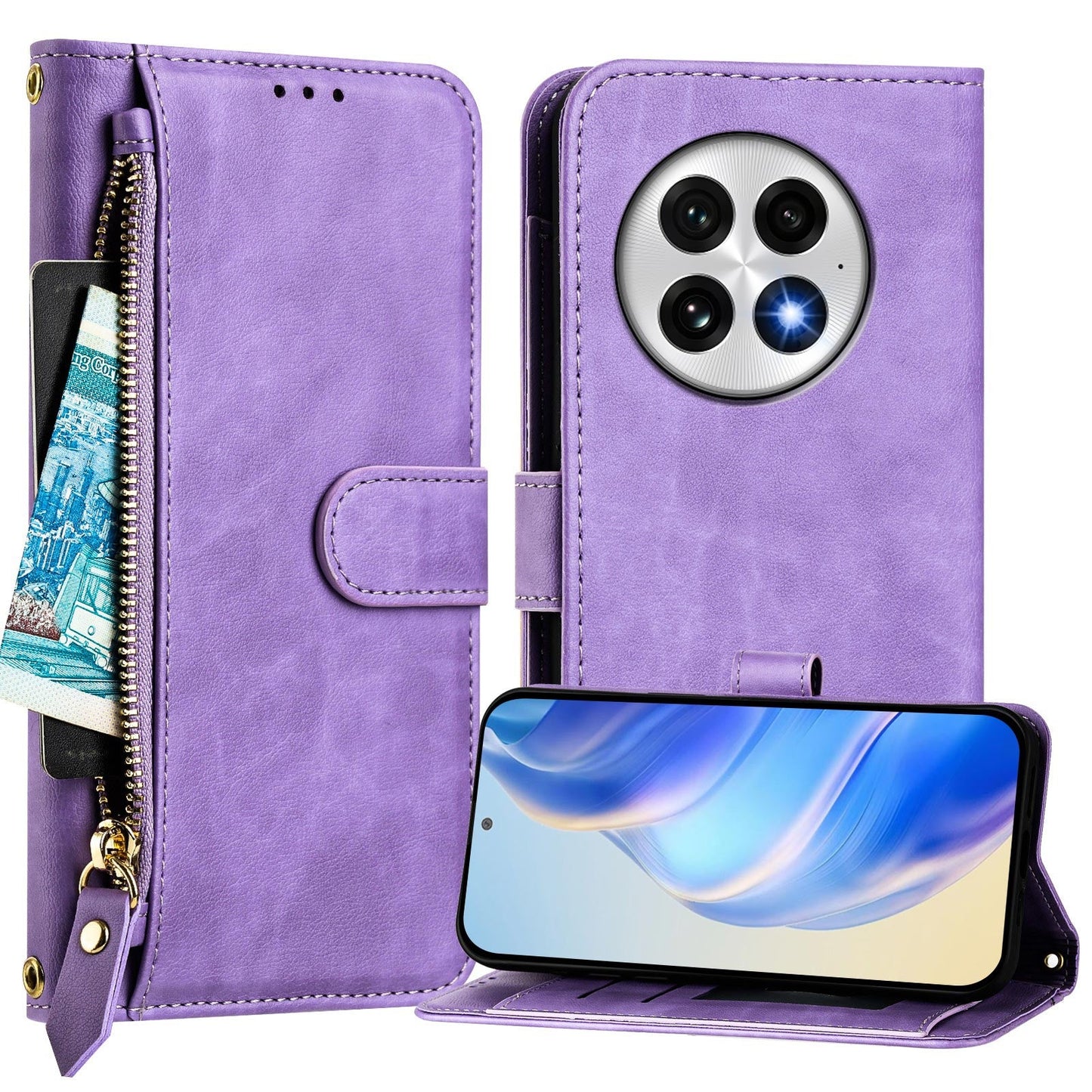 For OnePlus 13 Case Zipper Pocket Multiple Card Slots Leather Phone Cover - Purple