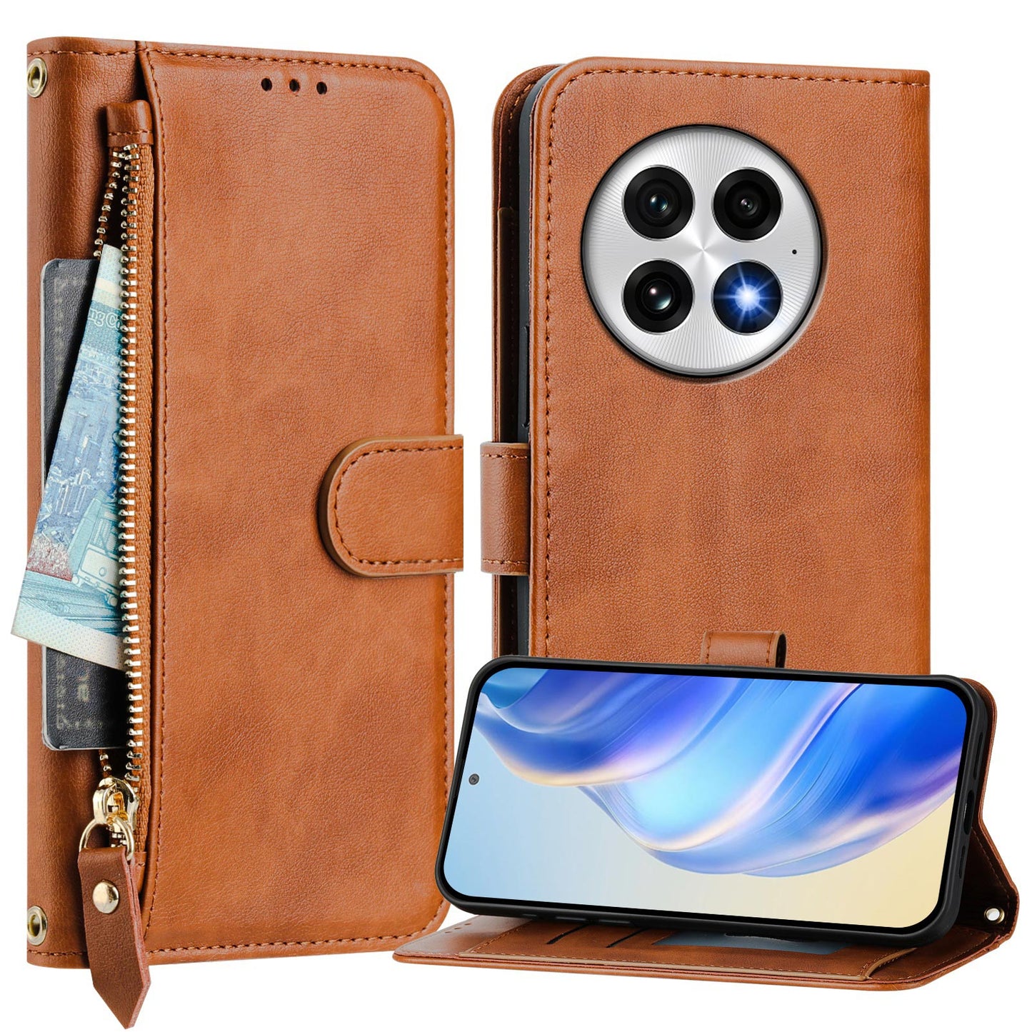 For OnePlus 13 Case Zipper Pocket Multiple Card Slots Leather Phone Cover - Brown