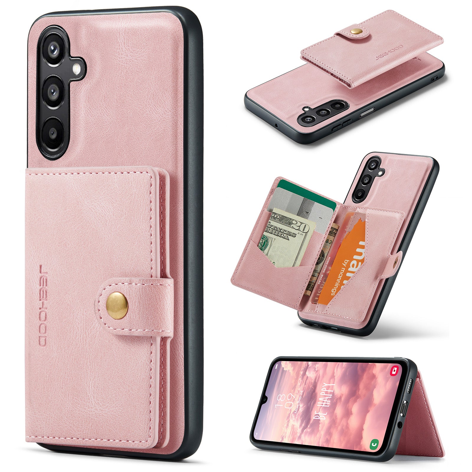For Samsung Galaxy A16 5G Case JEEHOOD J01 Retro Leather Phone Back Cover with Detachable Magnetic Card Holder - Pink