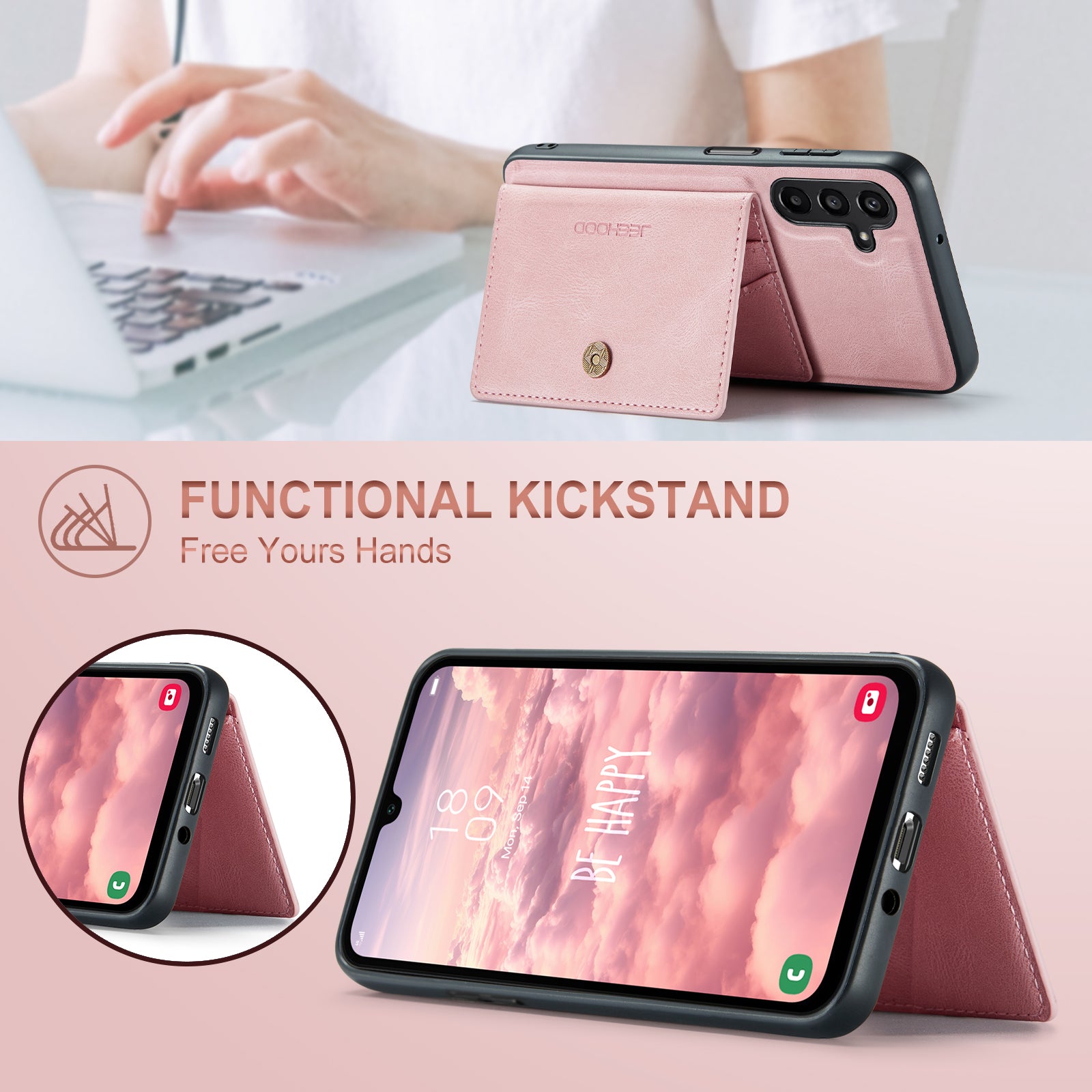 For Samsung Galaxy A16 5G Case JEEHOOD J01 Retro Leather Phone Back Cover with Detachable Magnetic Card Holder - Pink
