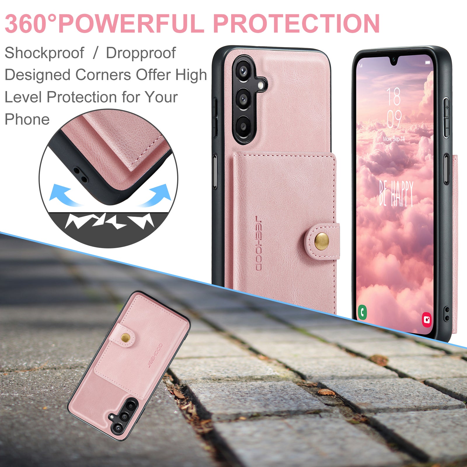 For Samsung Galaxy A16 5G Case JEEHOOD J01 Retro Leather Phone Back Cover with Detachable Magnetic Card Holder - Pink