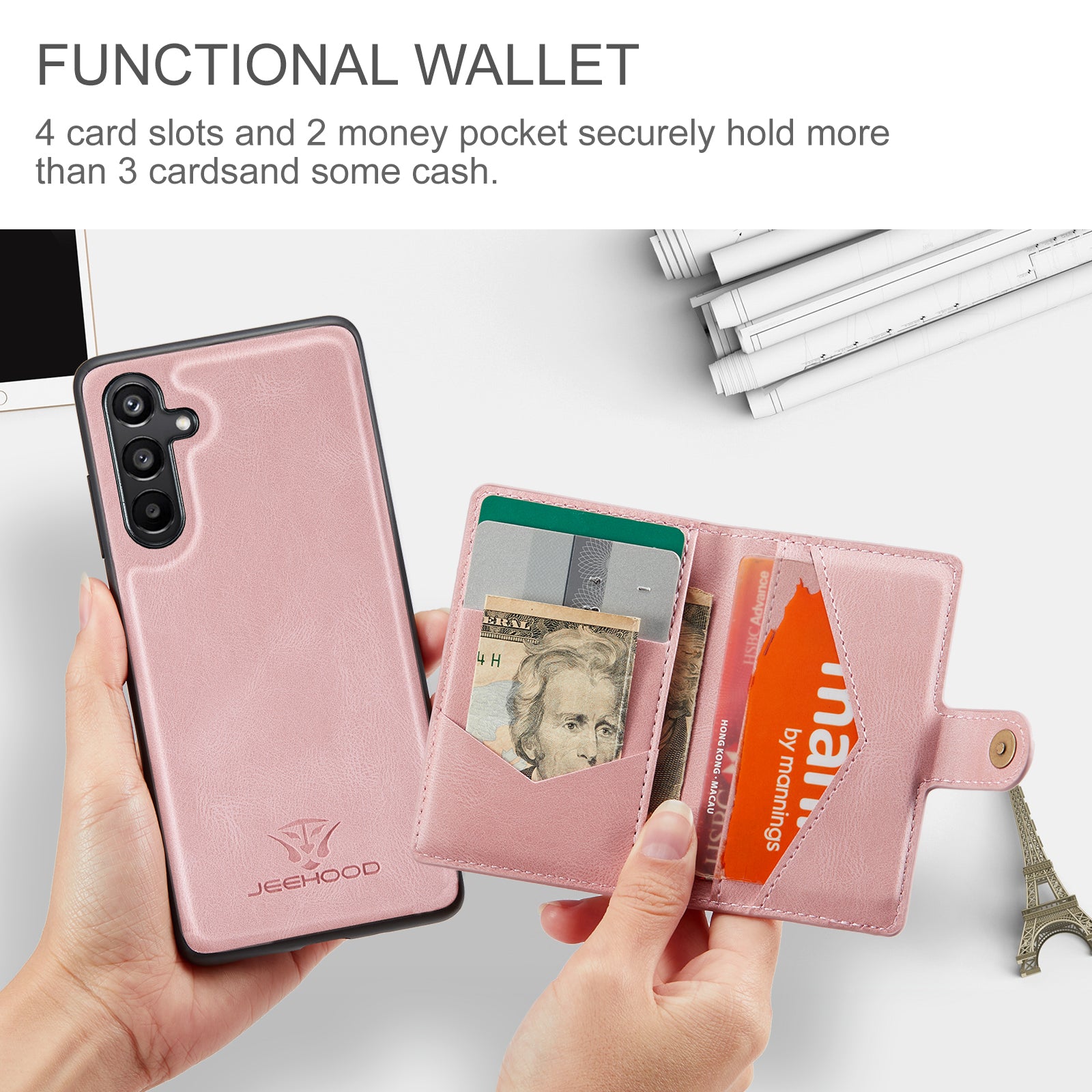 For Samsung Galaxy A16 5G Case JEEHOOD J01 Retro Leather Phone Back Cover with Detachable Magnetic Card Holder - Pink