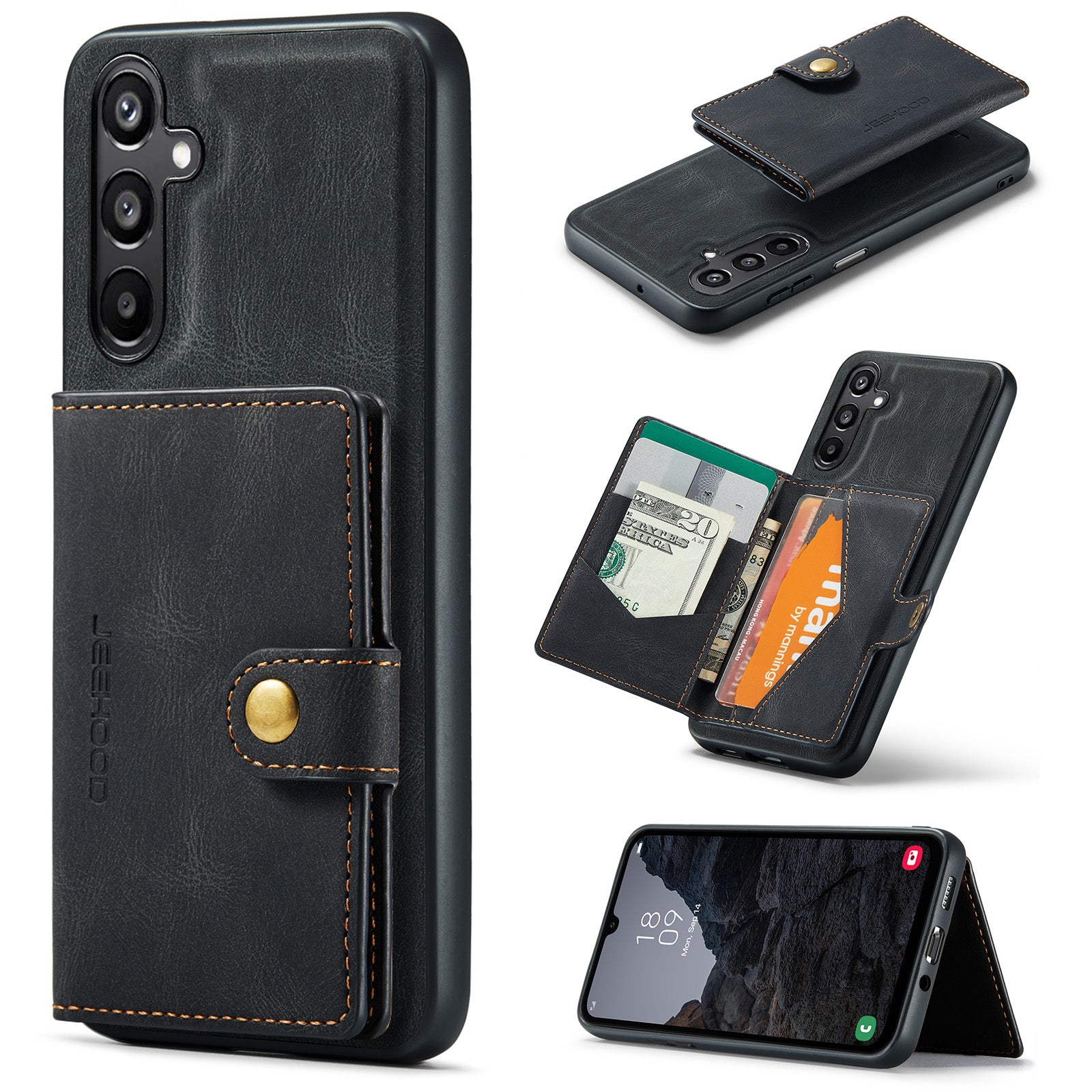 For Samsung Galaxy A16 5G Case JEEHOOD J01 Retro Leather Phone Back Cover with Detachable Magnetic Card Holder - Black