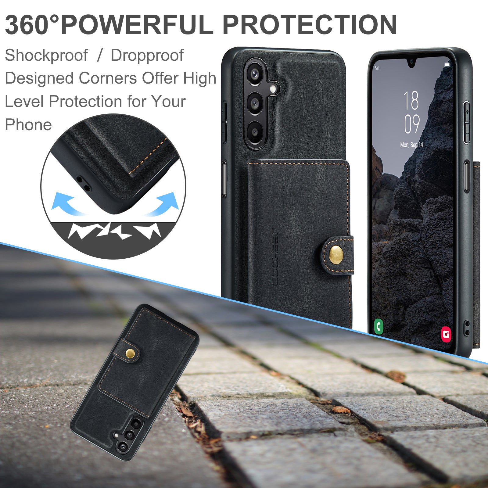 For Samsung Galaxy A16 5G Case JEEHOOD J01 Retro Leather Phone Back Cover with Detachable Magnetic Card Holder - Black