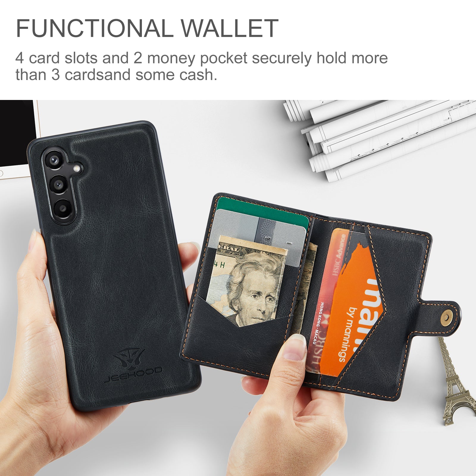 For Samsung Galaxy A16 5G Case JEEHOOD J01 Retro Leather Phone Back Cover with Detachable Magnetic Card Holder - Black