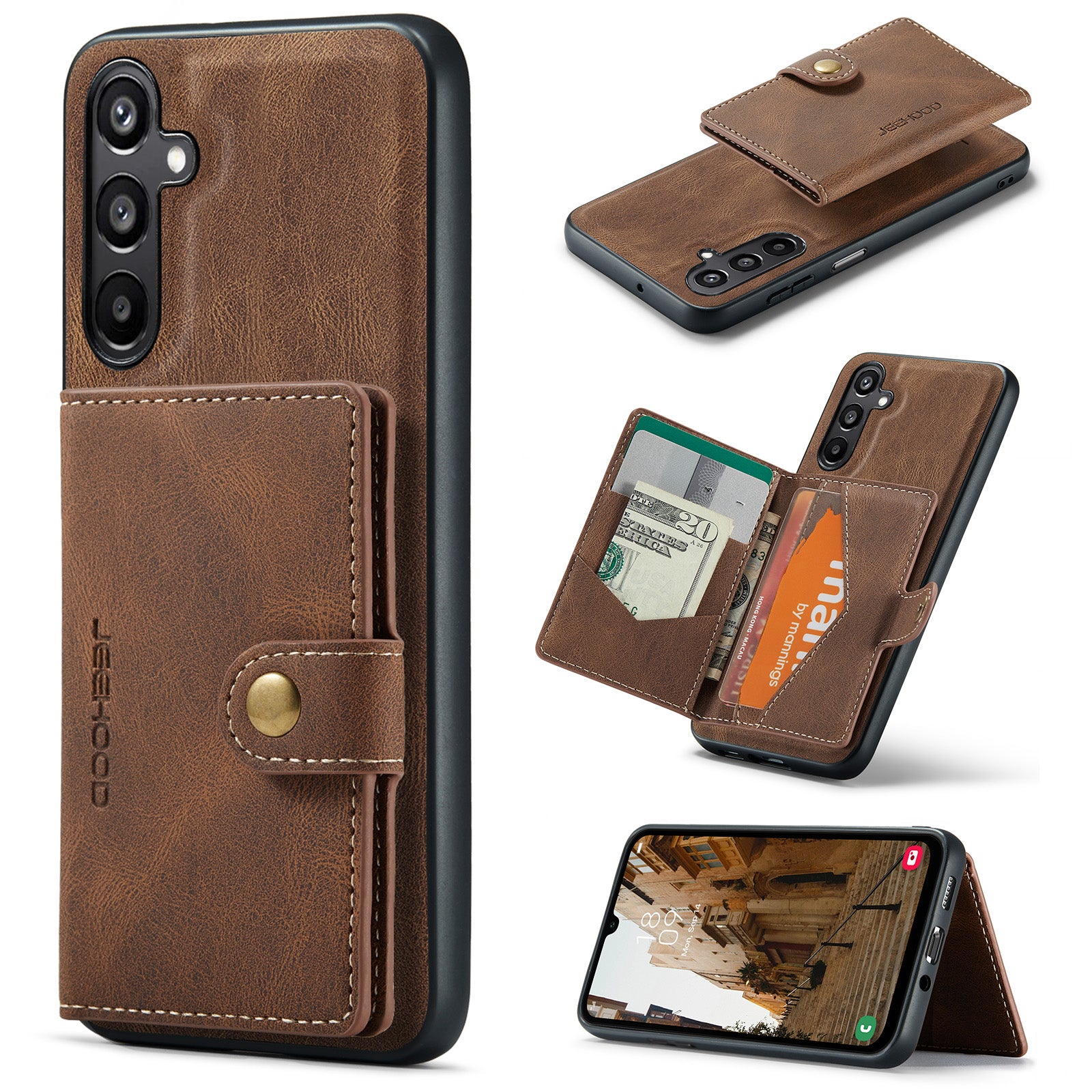 For Samsung Galaxy A16 5G Case JEEHOOD J01 Retro Leather Phone Back Cover with Detachable Magnetic Card Holder - Brown