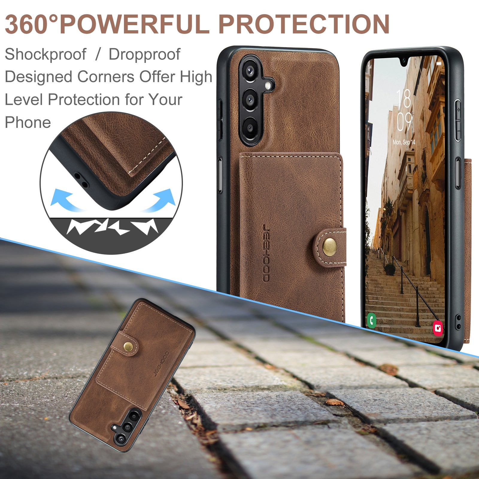 For Samsung Galaxy A16 5G Case JEEHOOD J01 Retro Leather Phone Back Cover with Detachable Magnetic Card Holder - Brown