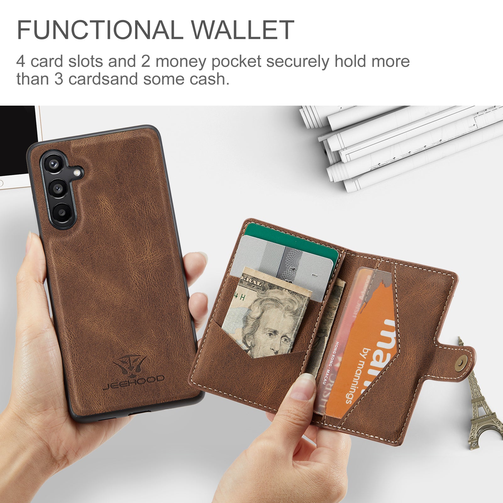 For Samsung Galaxy A16 5G Case JEEHOOD J01 Retro Leather Phone Back Cover with Detachable Magnetic Card Holder - Brown