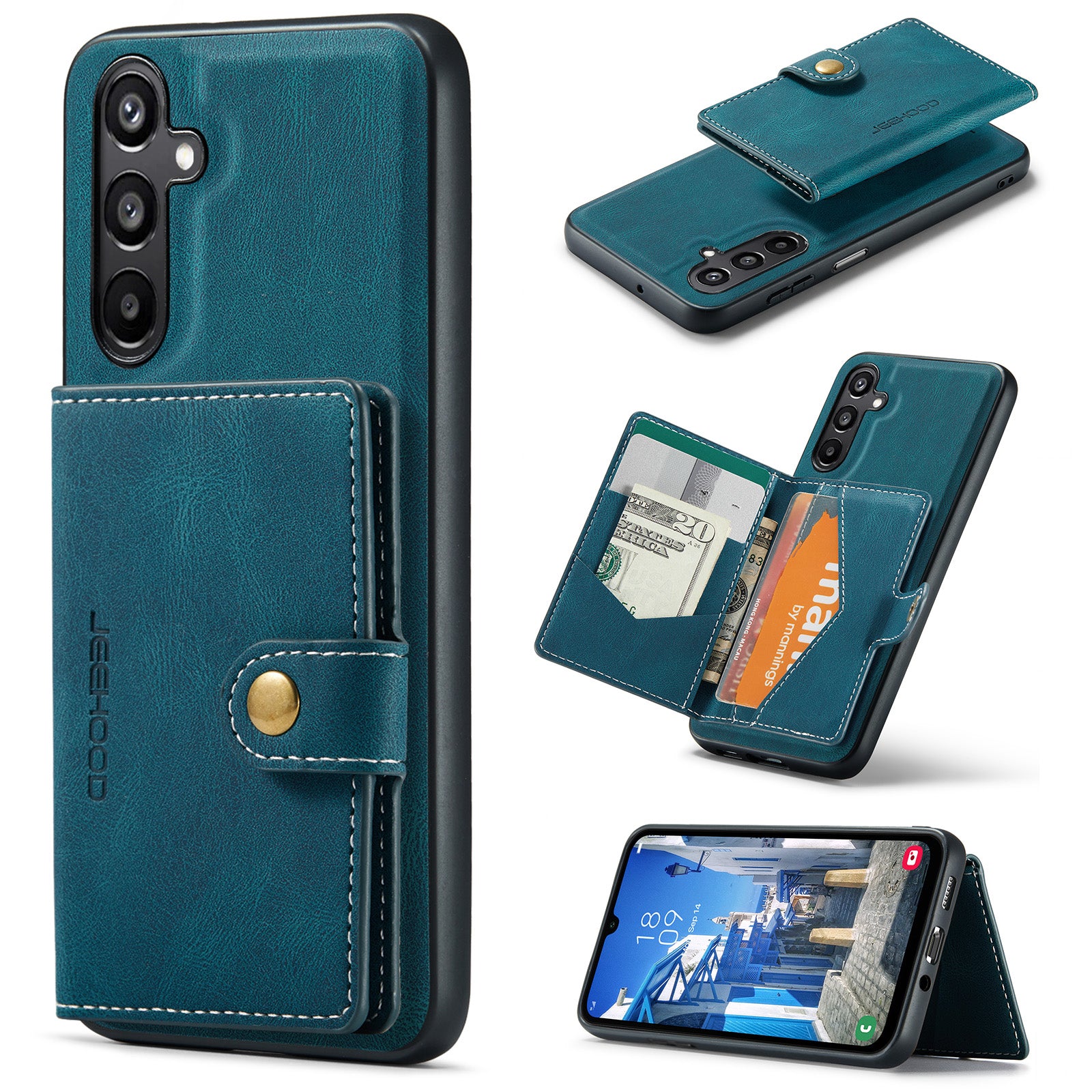 For Samsung Galaxy A16 5G Case JEEHOOD J01 Retro Leather Phone Back Cover with Detachable Magnetic Card Holder - Blue