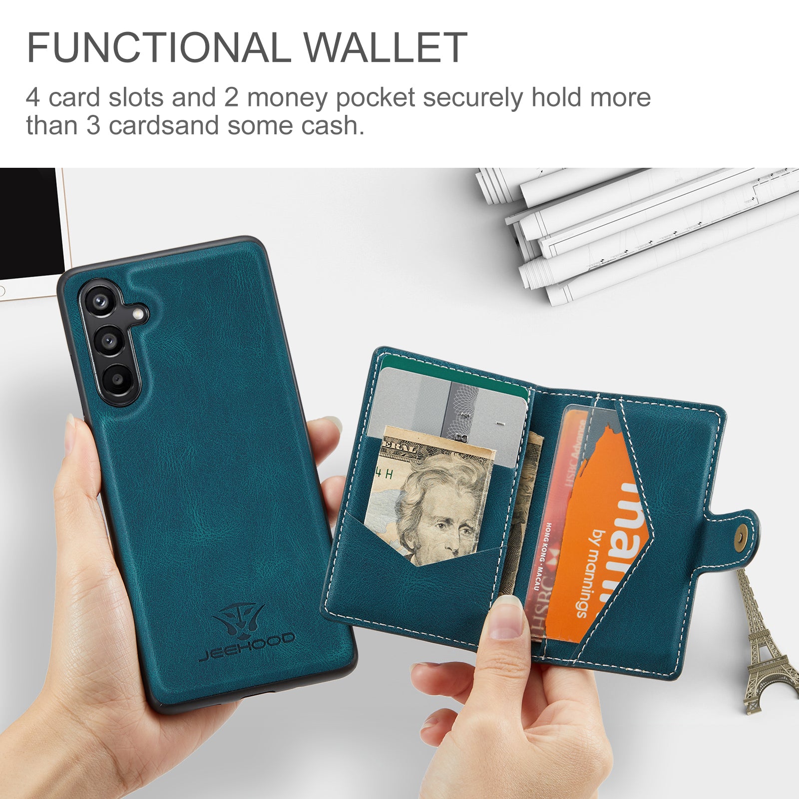 For Samsung Galaxy A16 5G Case JEEHOOD J01 Retro Leather Phone Back Cover with Detachable Magnetic Card Holder - Blue