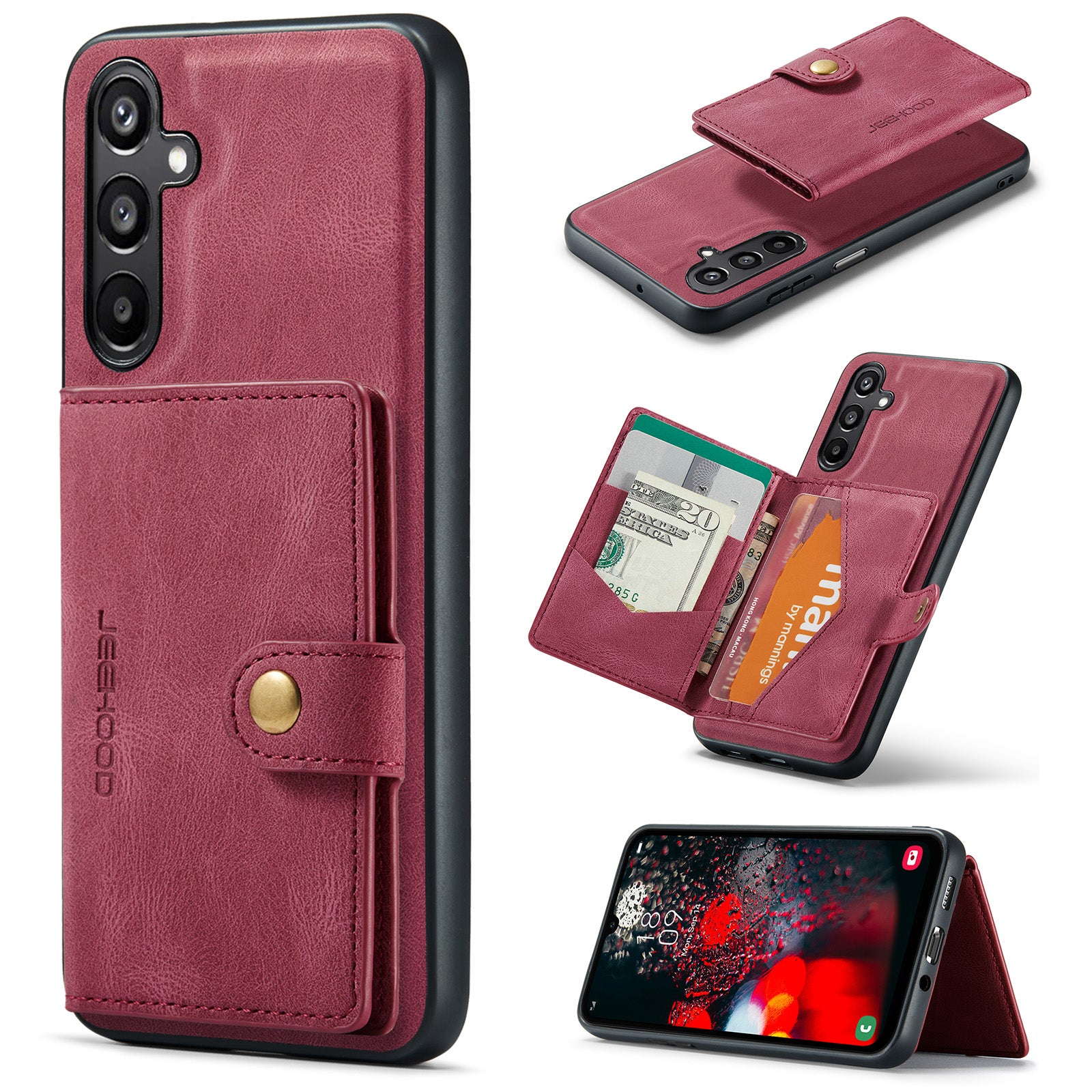 For Samsung Galaxy A16 5G Case JEEHOOD J01 Retro Leather Phone Back Cover with Detachable Magnetic Card Holder - Red