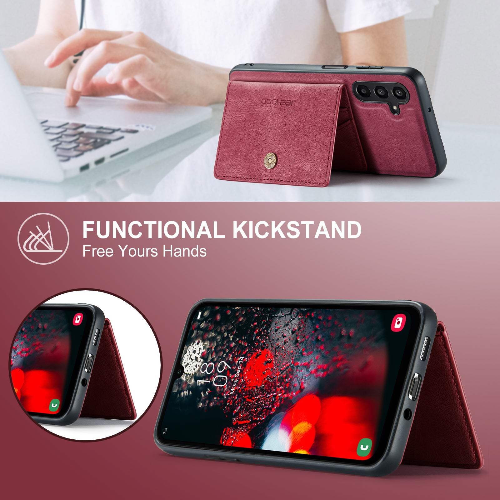 For Samsung Galaxy A16 5G Case JEEHOOD J01 Retro Leather Phone Back Cover with Detachable Magnetic Card Holder - Red