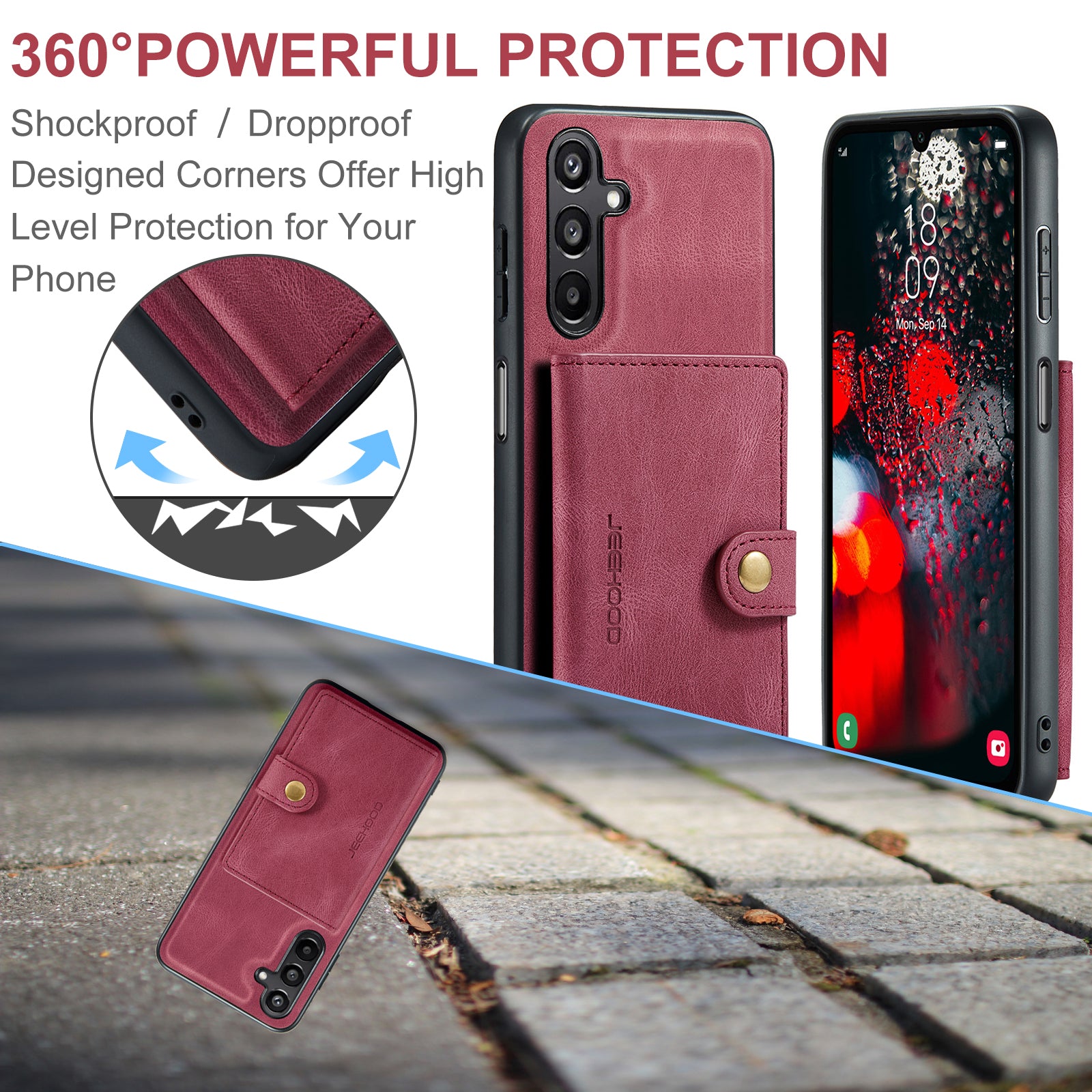 For Samsung Galaxy A16 5G Case JEEHOOD J01 Retro Leather Phone Back Cover with Detachable Magnetic Card Holder - Red