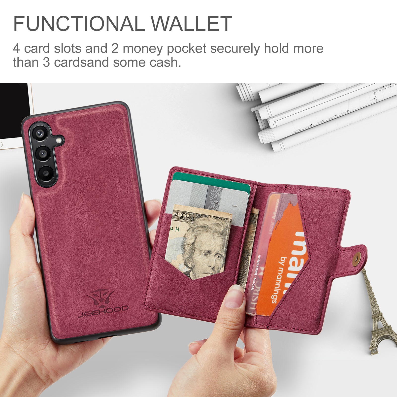 For Samsung Galaxy A16 5G Case JEEHOOD J01 Retro Leather Phone Back Cover with Detachable Magnetic Card Holder - Red