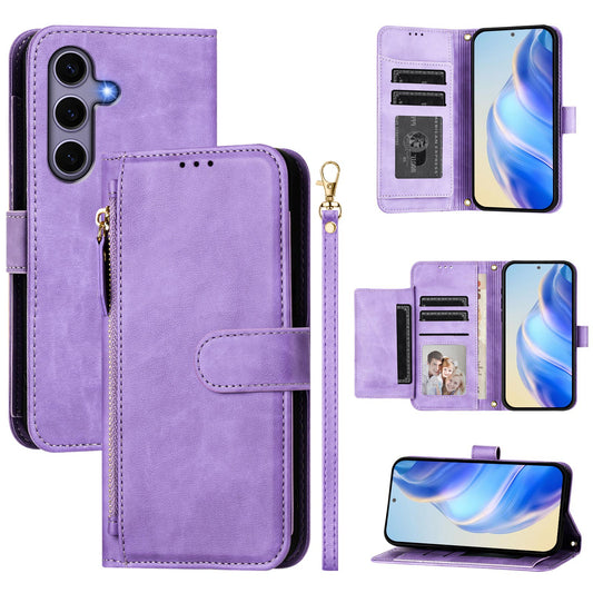 For Samsung Galaxy S25 Case Zipper Pocket Multiple Card Slots Leather Phone Cover - Purple