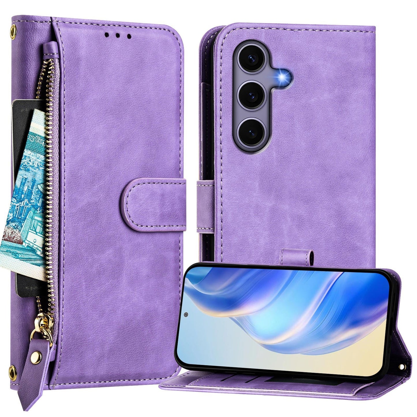 For Samsung Galaxy S25 Case Zipper Pocket Multiple Card Slots Leather Phone Cover - Purple
