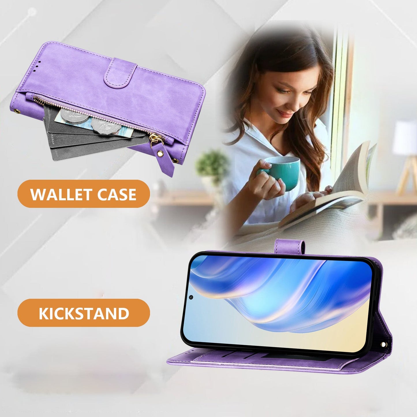 For Samsung Galaxy S25 Case Zipper Pocket Multiple Card Slots Leather Phone Cover - Purple