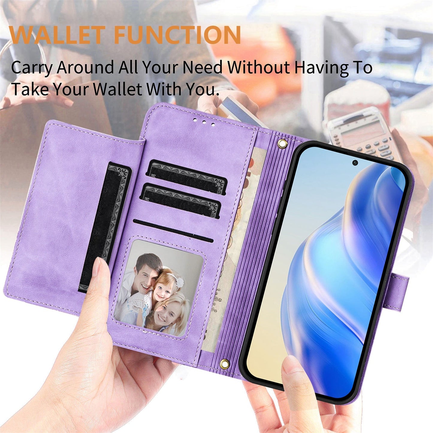 For Samsung Galaxy S25 Case Zipper Pocket Multiple Card Slots Leather Phone Cover - Purple
