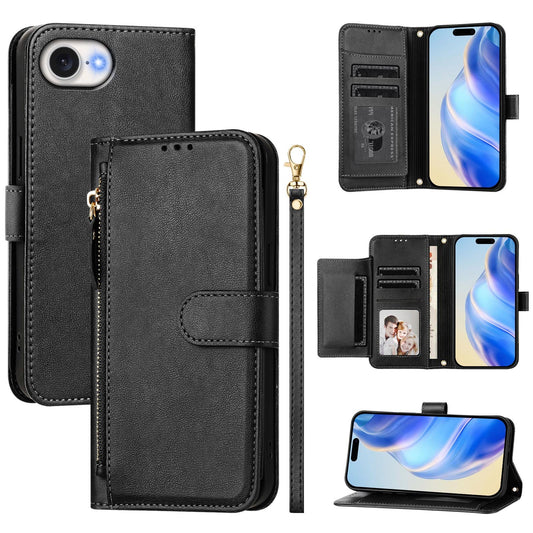 For iPhone 16e Case Zipper Pocket Multiple Card Slots Leather Phone Cover - Black