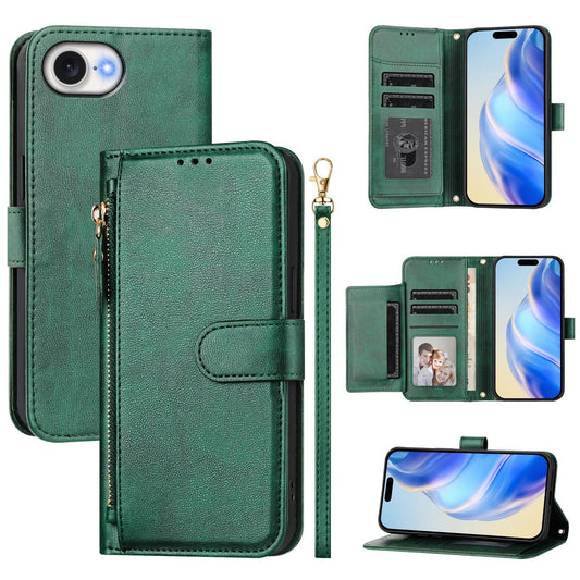 For iPhone SE (2025) Case Zipper Pocket Multiple Card Slots Leather Phone Cover - Green