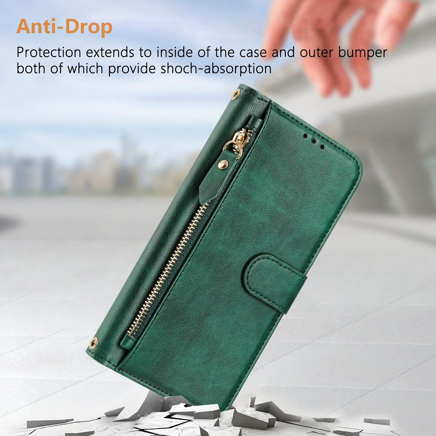 For iPhone 16e Case Zipper Pocket Multiple Card Slots Leather Phone Cover - Green