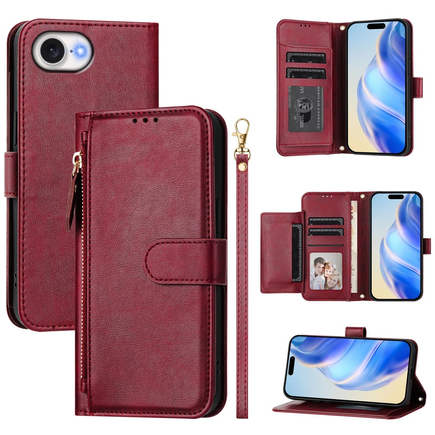 For iPhone 16e Case Zipper Pocket Multiple Card Slots Leather Phone Cover - Red