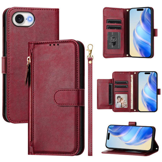 For iPhone 16e Case Zipper Pocket Multiple Card Slots Leather Phone Cover - Red