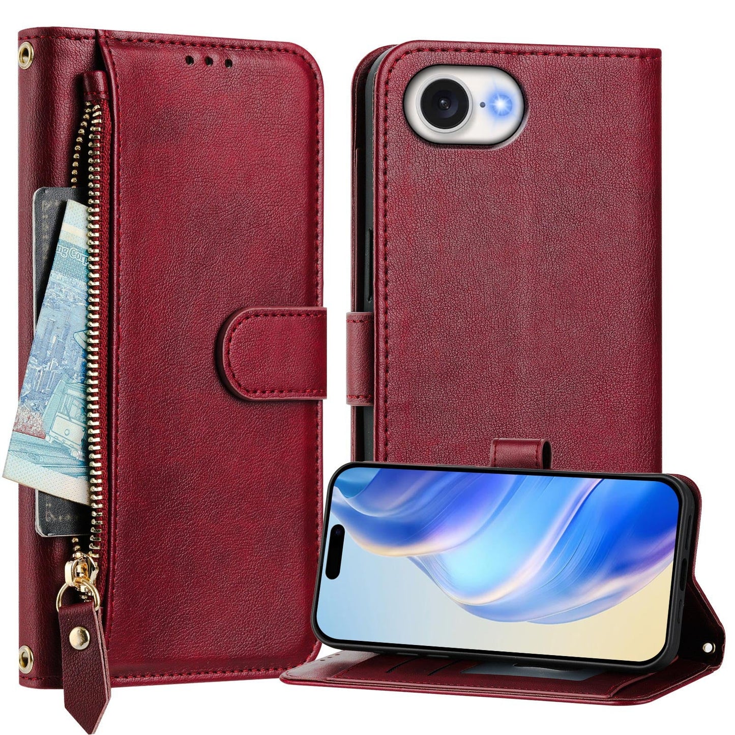 For iPhone 16e Case Zipper Pocket Multiple Card Slots Leather Phone Cover - Red