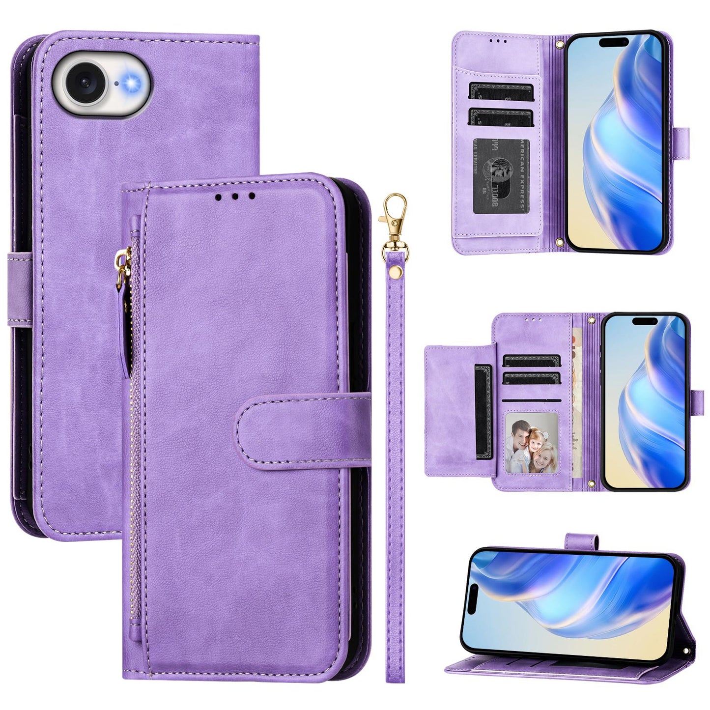 For iPhone 16e Case Zipper Pocket Multiple Card Slots Leather Phone Cover - Purple