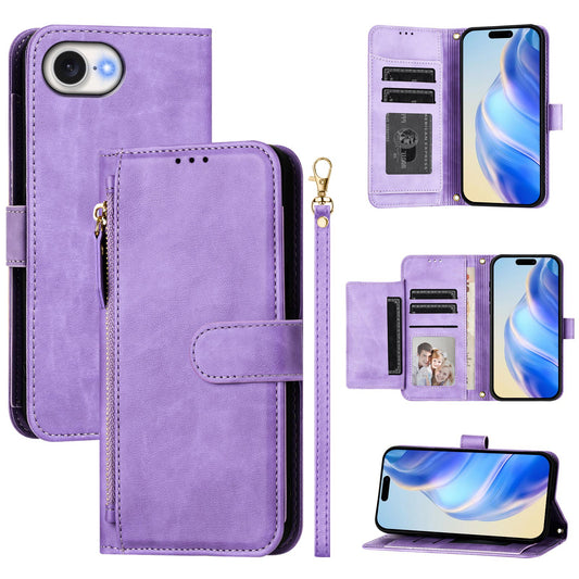 For iPhone 16e Case Zipper Pocket Multiple Card Slots Leather Phone Cover - Purple