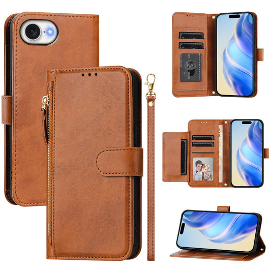 For iPhone 16e Case Zipper Pocket Multiple Card Slots Leather Phone Cover - Brown