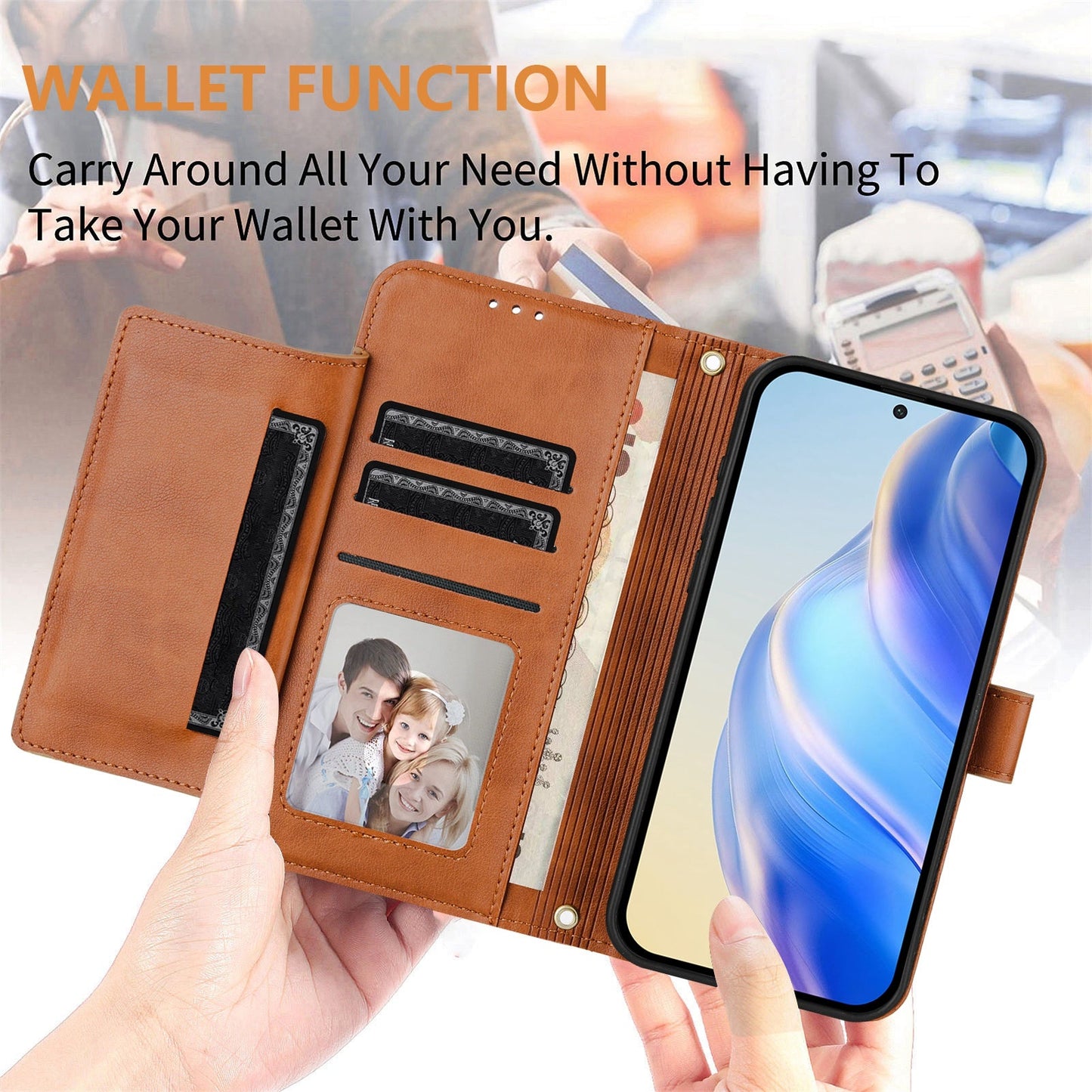 For iPhone 16e Case Zipper Pocket Multiple Card Slots Leather Phone Cover - Brown
