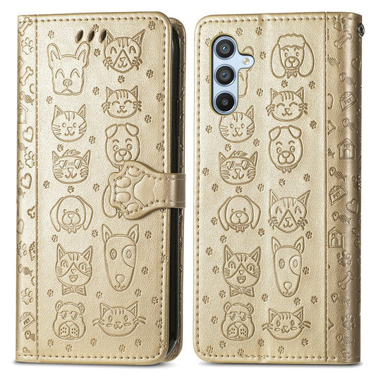 For Samsung Galaxy A36 5G / A56 5G Case Leather Wallet Flip Phone Cover Cute Cat Dog Pattern - Gold