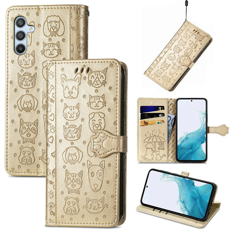 For Samsung Galaxy A36 5G / A56 5G Case Leather Wallet Flip Phone Cover Cute Cat Dog Pattern - Gold