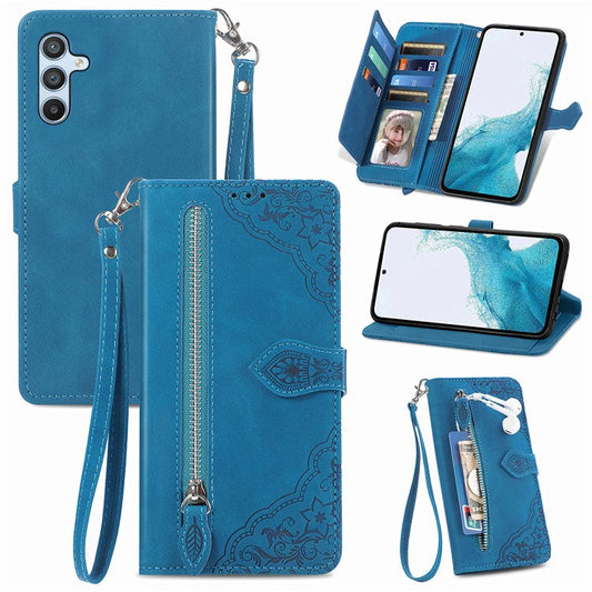 For Samsung Galaxy A36 5G / A56 5G Case Zipper Wallet PU Leather Flower Imprint Phone Cover - Blue