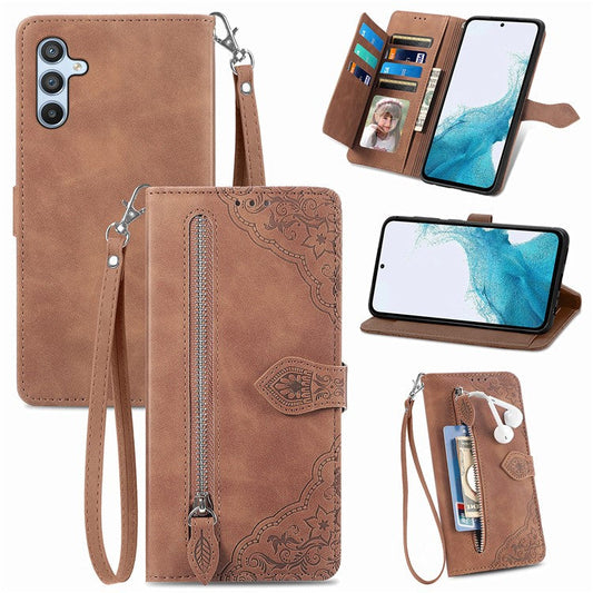 For Samsung Galaxy A36 5G / A56 5G Case Zipper Wallet PU Leather Flower Imprint Phone Cover - Brown