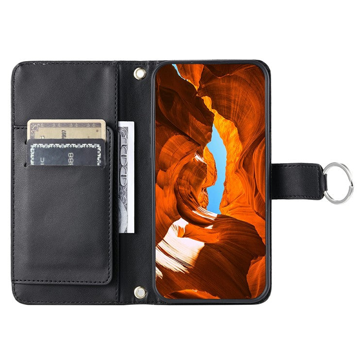 For iPhone 16 Plus Crossbody Leather Case Ring Buckle Wallet Stand Rhombus Mobile Cover - Black