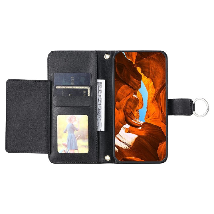 For iPhone 16 Plus Crossbody Leather Case Ring Buckle Wallet Stand Rhombus Mobile Cover - Black