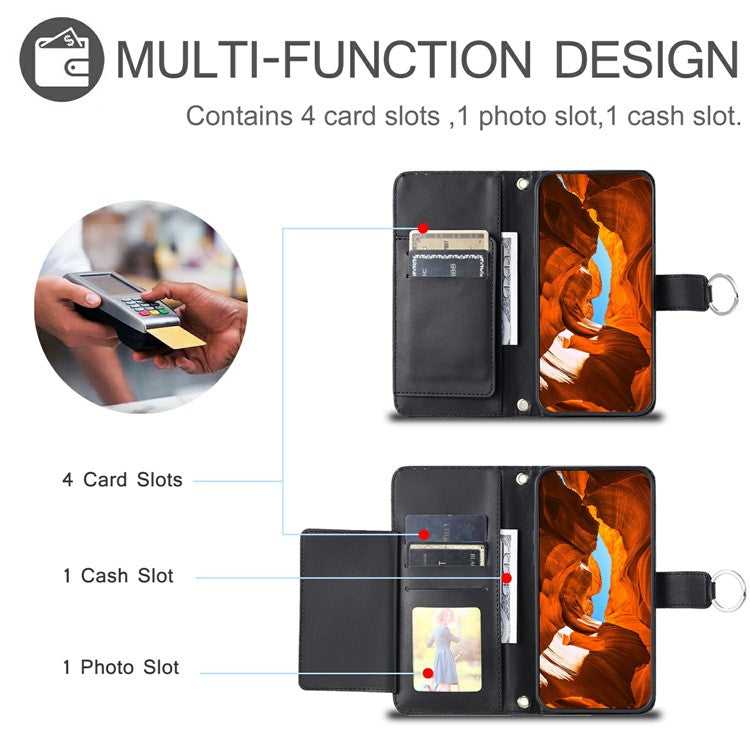 For iPhone 16 Plus Crossbody Leather Case Ring Buckle Wallet Stand Rhombus Mobile Cover - Black