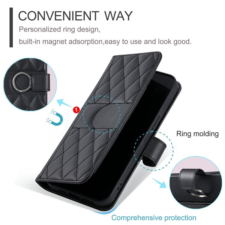 For iPhone 16 Plus Crossbody Leather Case Ring Buckle Wallet Stand Rhombus Mobile Cover - Black