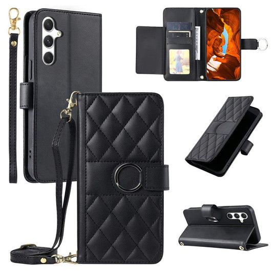 For Samsung Galaxy S24 Crossbody Leather Case Ring Buckle Wallet Stand Rhombus Mobile Cover - Black